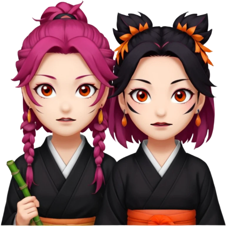 tanjiro: Kind red eyes, black hair with burgundy tips, forehead scar, tanned skin, Hanafuda earrings.                             nezuko:   Pink eyes, black-orange hair, fangs, bamboo muzzle. emoji