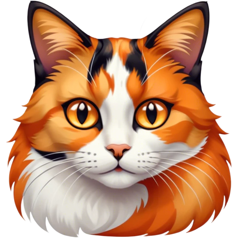 Cinematic Noble Calico Cat Portrait Emoji, Poised and regal, with a striking patchwork fur in vibrant orange, black, and white hues, delicate whiskers and a refined, focused gaze, simplified yet exquisitely detailed, glowing with a soft, moonlit radiance and an air of aristocratic elegance, high shine, exuding dignified intelligence and poised authority, soft glowing outline, capturing the essence of a watchful and noble calico cat that appears ready to grace the screen with effortless majesty! emoji
