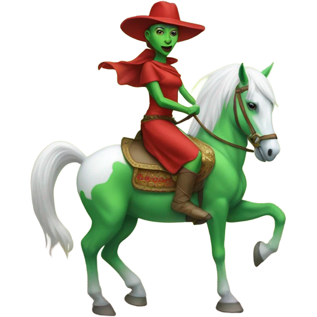 a green amazon alien woman in red on a white horse emoji