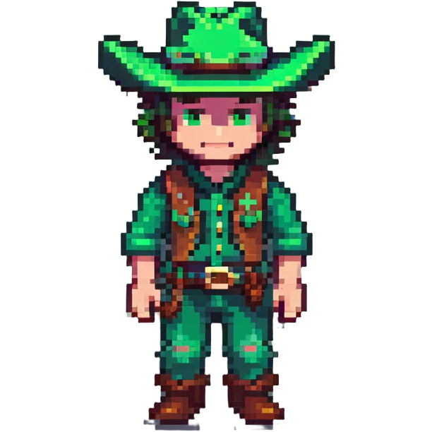 Pixel art cowboy with green outfit and green cowboy hat emoji