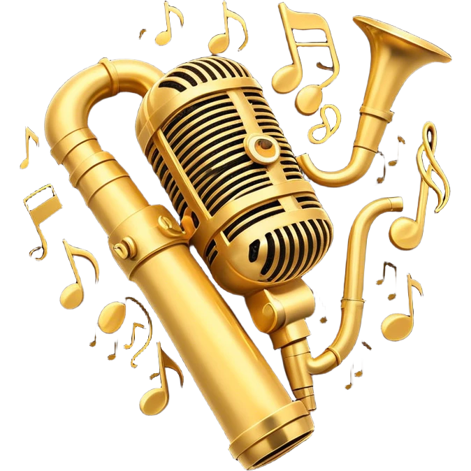 Create a vibrant emoji representing jazz vocal performance. The design should feature a vintage microphone, with musical notes swirling around it, symbolizing the improvisational and expressive nature of jazz singing. Add subtle elements like a jazz trumpet and saxophone in the background to represent the ensemble often accompanying jazz vocals. Include a set of piano keys or a grand piano in the design to reflect the jazz club atmosphere. Use warm, rich colors like deep gold, black, burgundy, and silver to create a soulful and elegant vibe. The background should be transparent. emoji