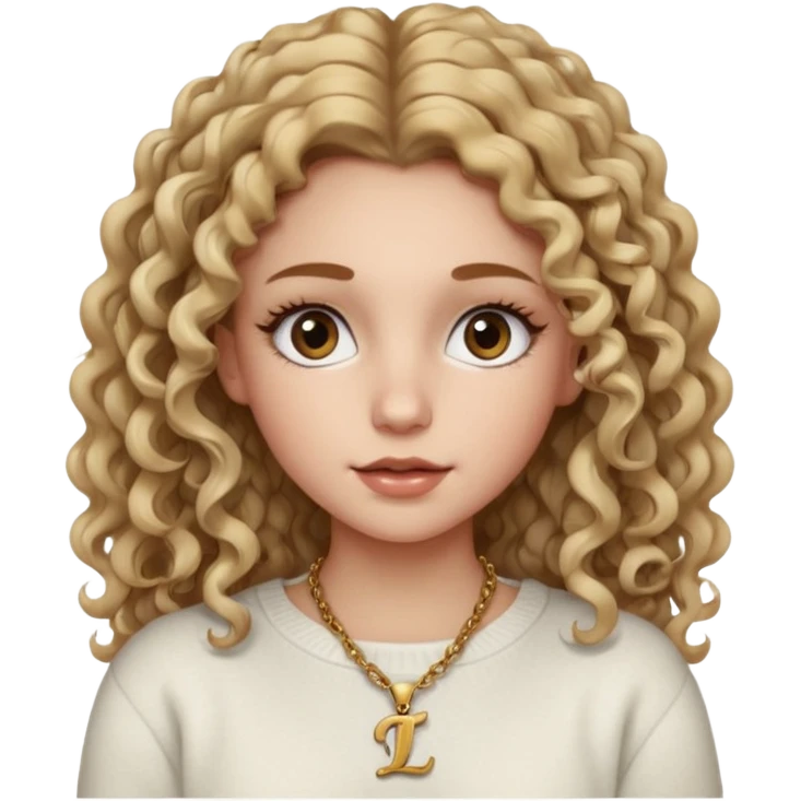 a dirty blonde girl with brown eyes and make her wearing a white sweater and a necklace with I intial with curly hair and white skin color, long hair and big lashes emoji