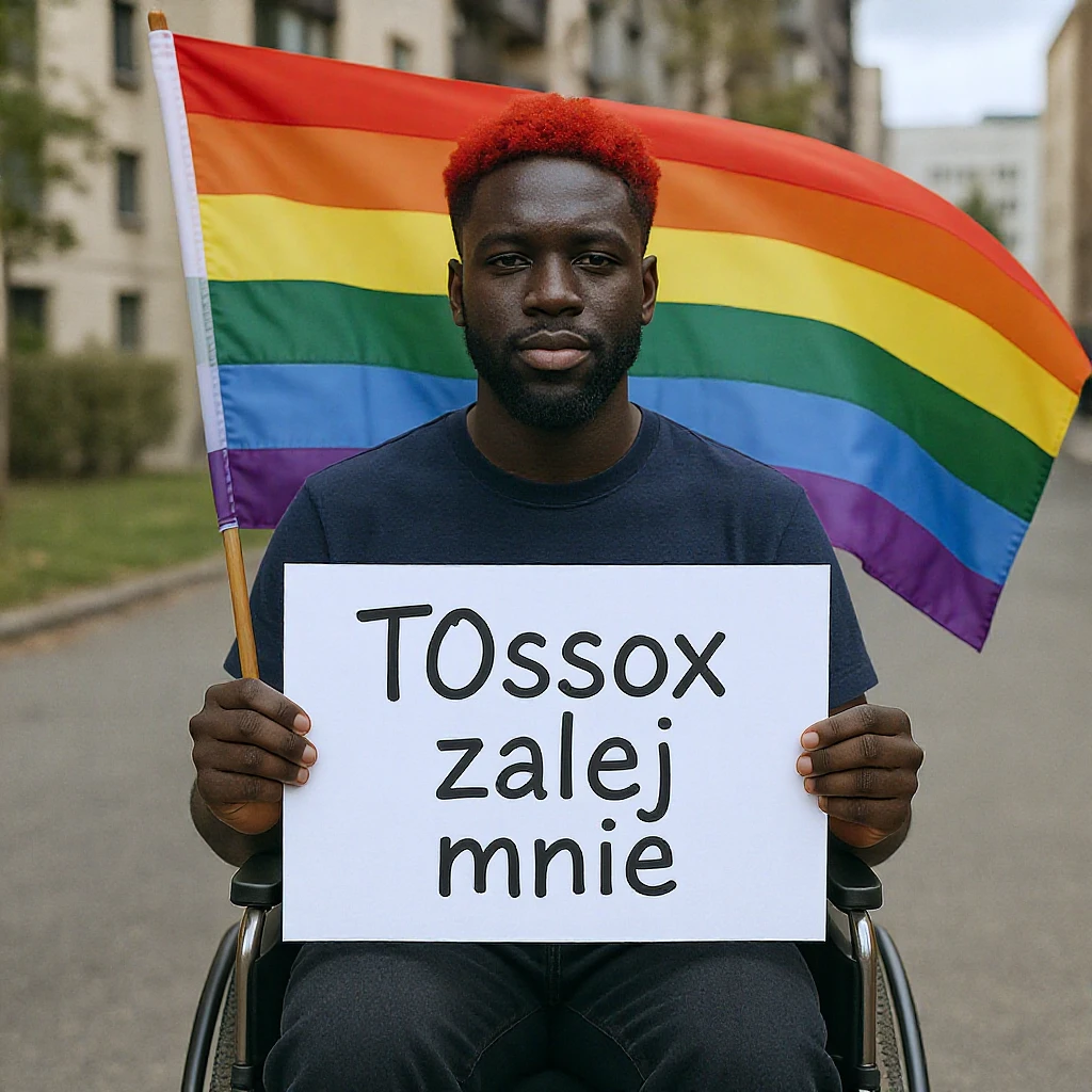 Black man with red hair sitting on wheelchair holding lgbt flag holding text "T0ssox zalej mnie" emoji