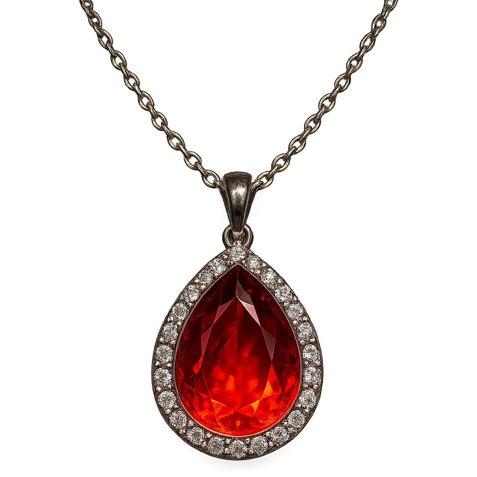 A teardrop-shaped ruby pendant cradled in a delicate silver chain, haloed by shimmering white stones, glowing with fiery red light emoji