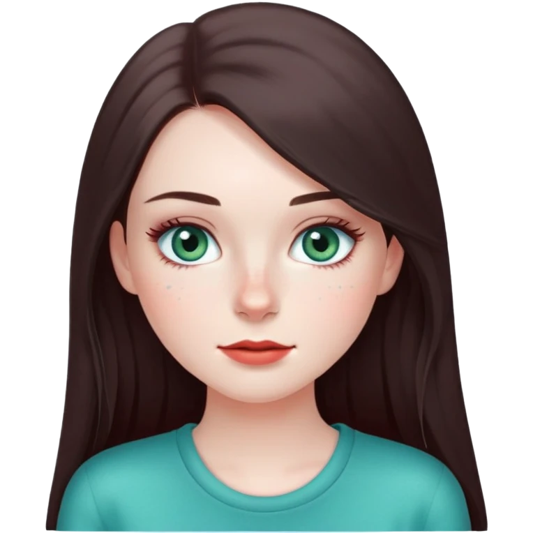 girl with long lashes, dark brown hair with greyish tone, with straight long hair, blue green eyes, in red clothes, with pale skin with freckles, and long lashes  emoji