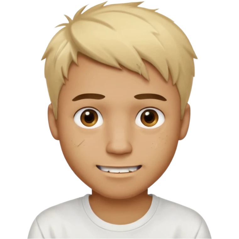Male with short, messy blonde hair, large expressive golden-brown eyes, brown skin, subtle facial bruises and scratches, crooked smile showing slightly damaged teeth, wearing a plain white t-shirt. emoji