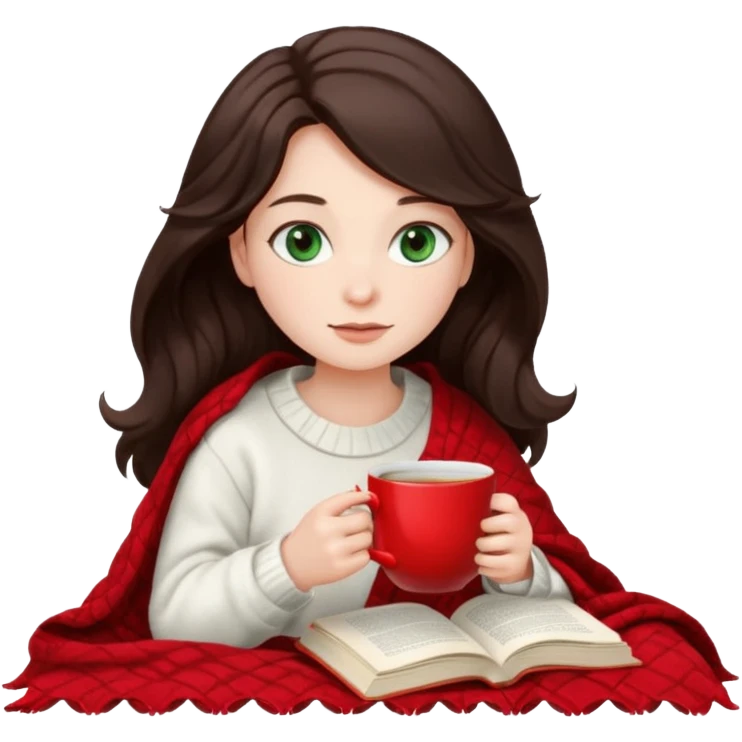 Long wavy dark brown haired, white skinned, dark green eyed girl wrapped in a red and white blanket, sipping tea and reading a book emoji