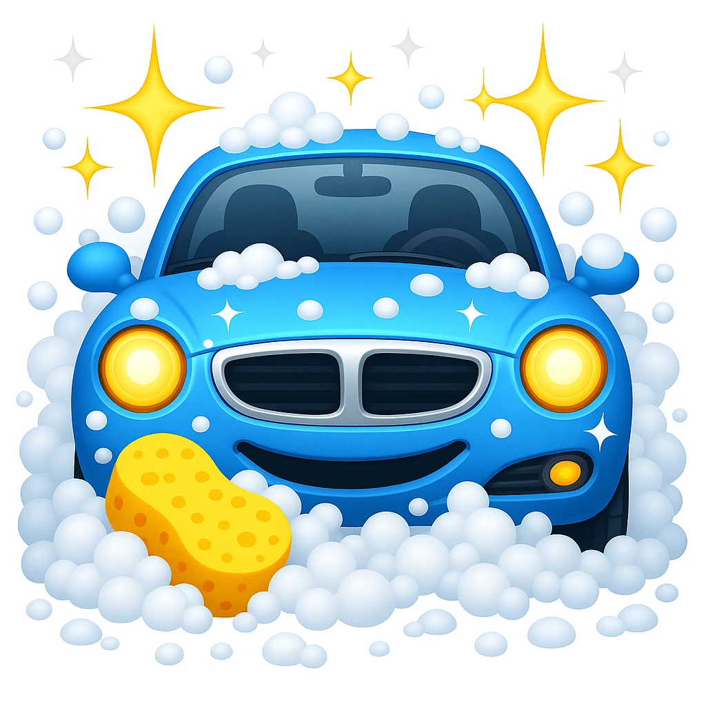 Add more soap bubbles around the car, maintaining the sparkling clean theme. The original style is emoji style, so keep the look consistent with emoji style in the edits. emoji