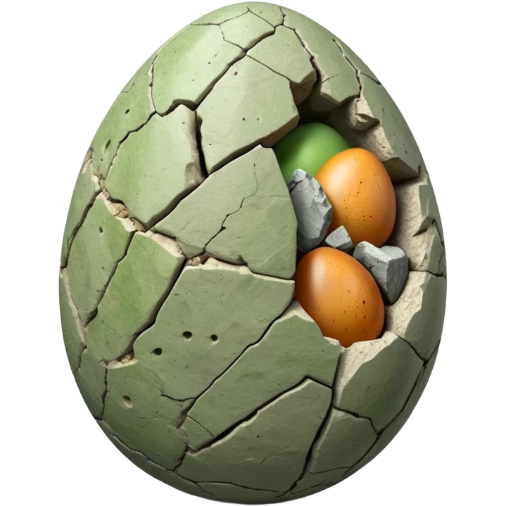 3D render of Dino Egg, embedded in a chunk of rough sedimentary rock, cracked stone texture, ancient fossil aesthetic, speckled greenish-grey stone egg with a crack, matte dry finish, Apple emoji style, isolated on white background --v 6.0. emoji