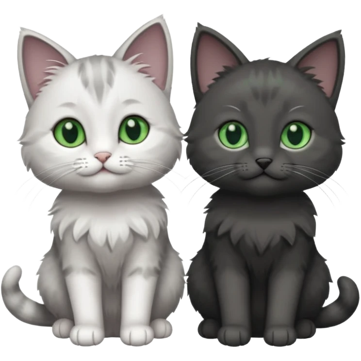 2 different coloured small cats including a dark grey and white and a completely solid dark grey with green eyes and only white paws emoji