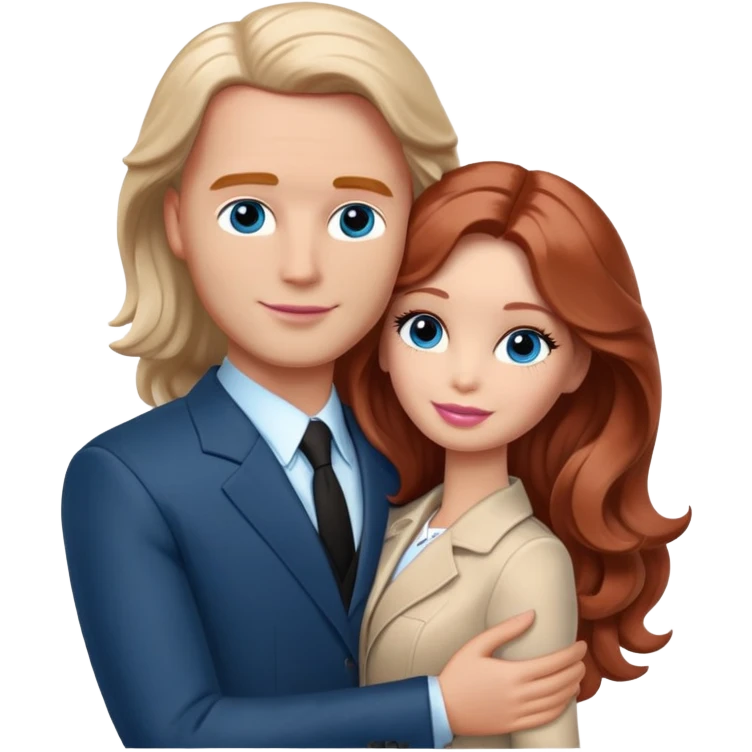 Barbie girl  , eyes blue , Chestnut red long wavy hair In pale beige clothes, Hugs a man with light brown hair bald, brown eyes , and a black suit emoji