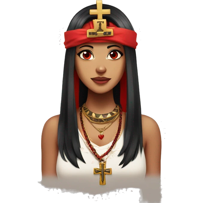 anime woman with red and black hair, wearing a hawaiian shirt, red eyes, wearing a cross necklace, wearing a red and black nemes pharaoh headdress emoji