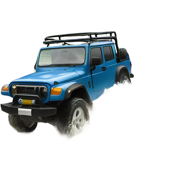 A four-wheel without too much details drive crossing a shallow river in a rainforest, with trees in the background and splashing water, representing versatility and strength. emoji