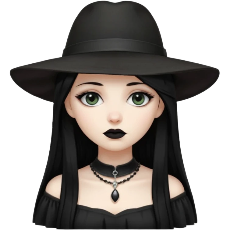 Female Goth with Wide-Brim Hat
 Long straight black hair, white skin, black dress, wide hat casting shadow over eyes. emoji