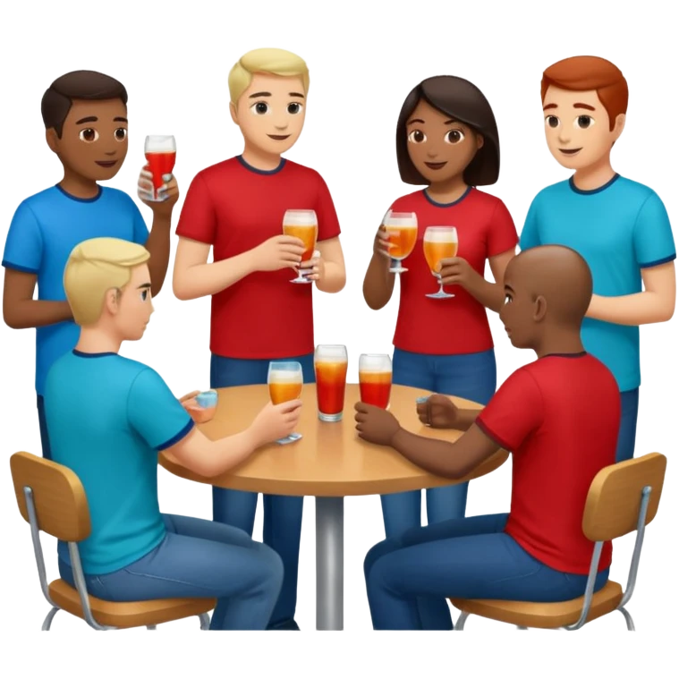 Ten adults in casual clothing with red, aqua and blue shirts, some with drinks chatting at an afterwork meeting emoji