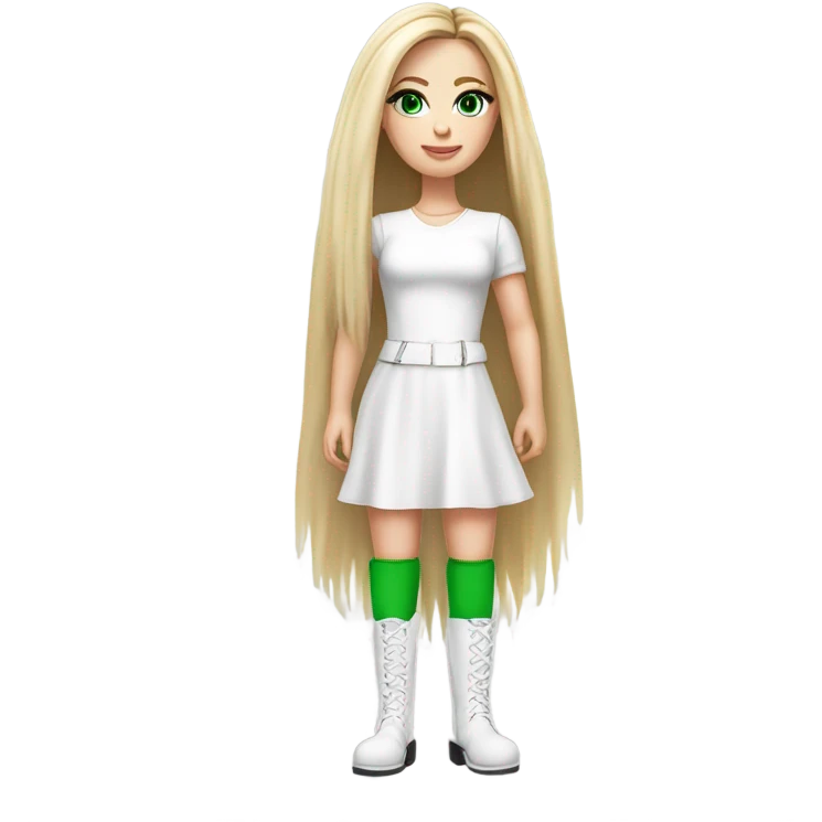 Realistic White girl with Long straight blonde hair, green eyes, tattoos, full body wearing white dress and pink knee-high leather boots, posing emoji