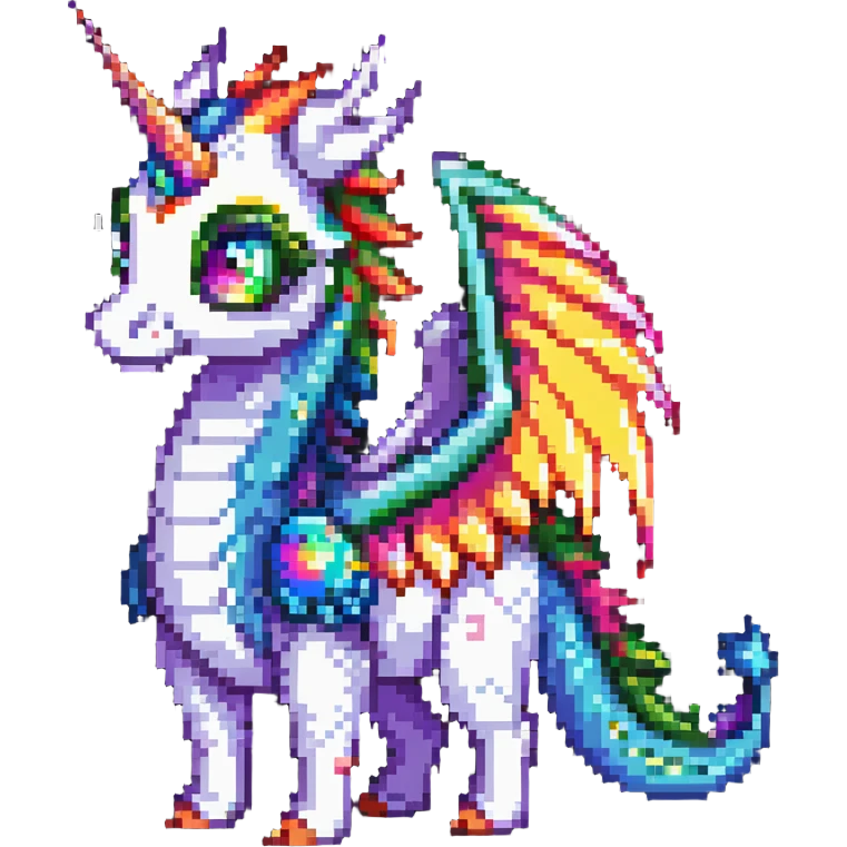 dragon with oversized eyes, rainbow-colored wings, and a unicorn horn emoji