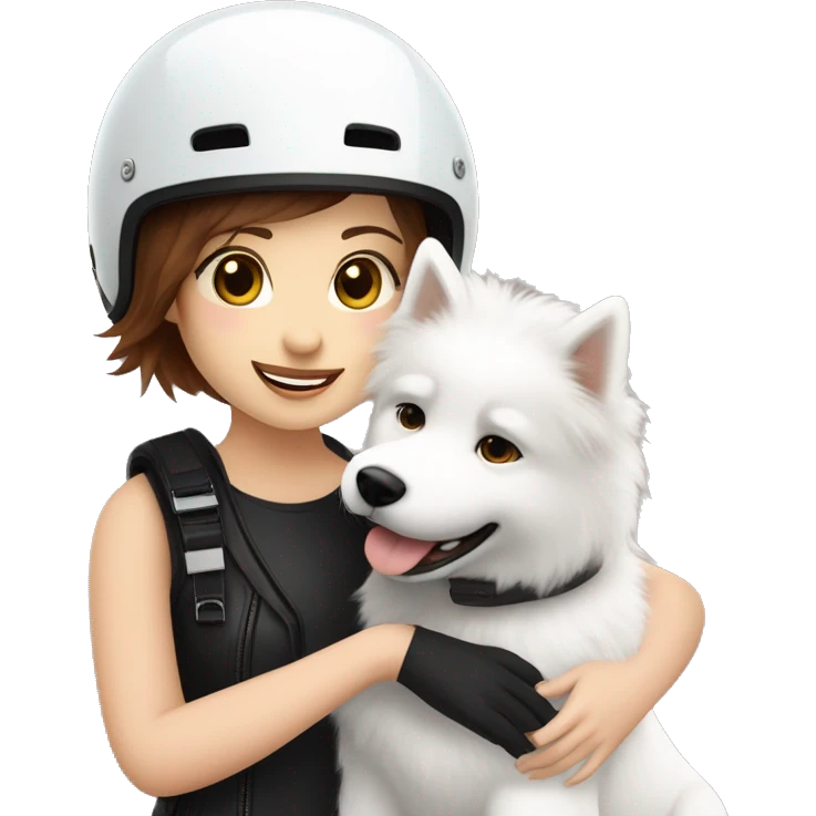 Girl biker white skin and brown short hair with a agv black helmet hugging a white Samoyed emoji