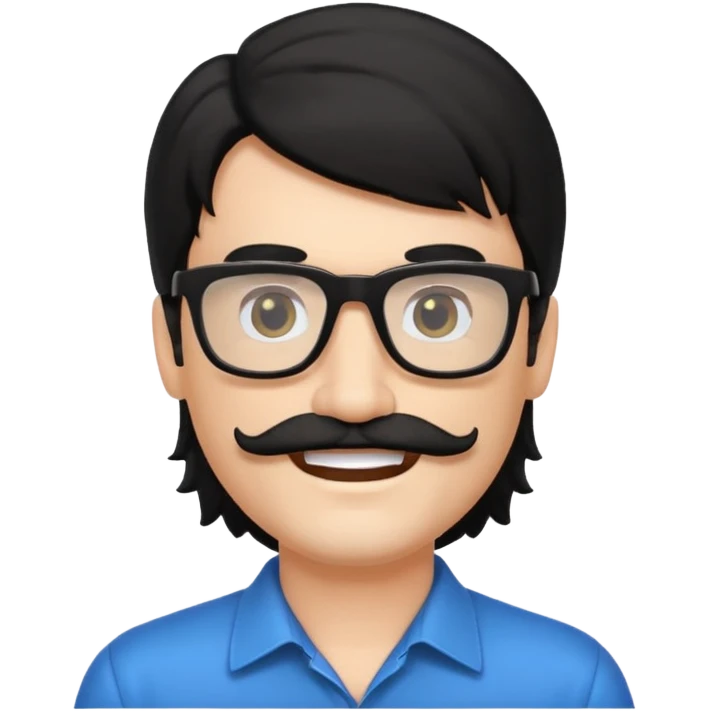 White man with black mullet and mustache wearing black glasses  emoji