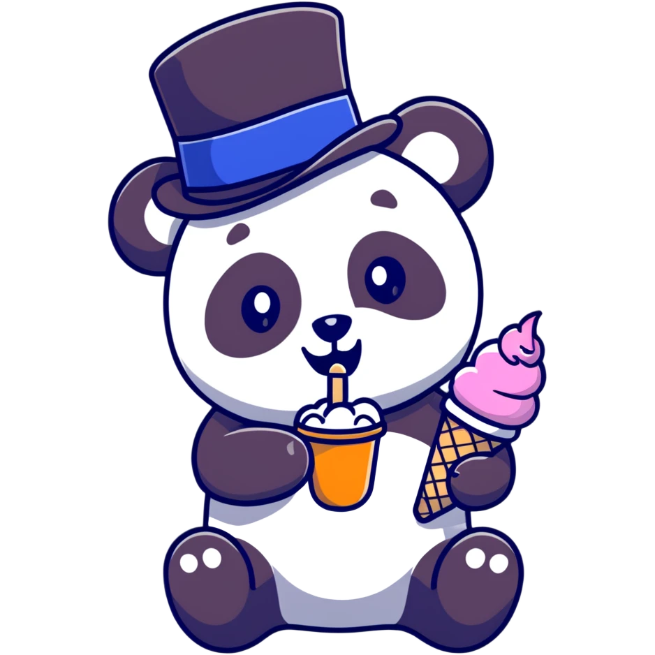 Panda eating ice cream with a top hat emoji