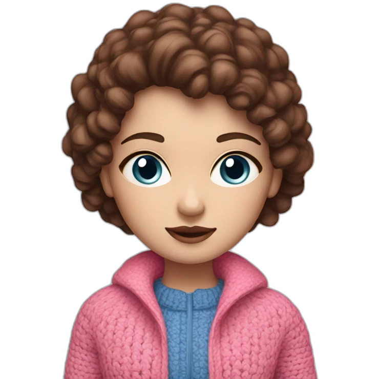 A girl with white skin, blue eyes, brown hair in a pink jacket, crochet emoji