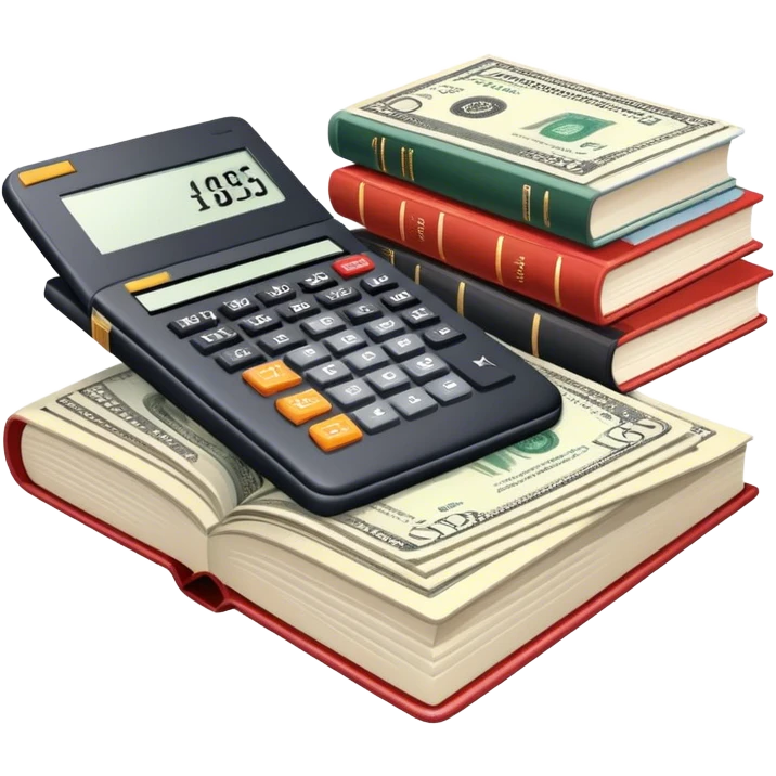 Icon for Business Reading: an open book with graphs, numbers, percentages, formulas, and text on the pages, next to a stack of books, a pile of dollars, a calculator and business magazines like Forbes. Transparent background. emoji