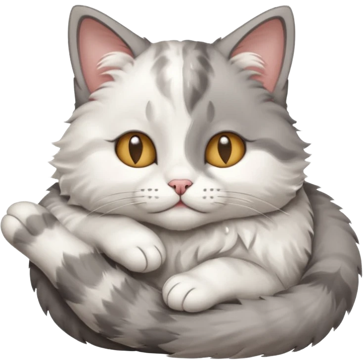 grey and white small cat with its eyes closed lying down with its paw curled and holding up his head emoji