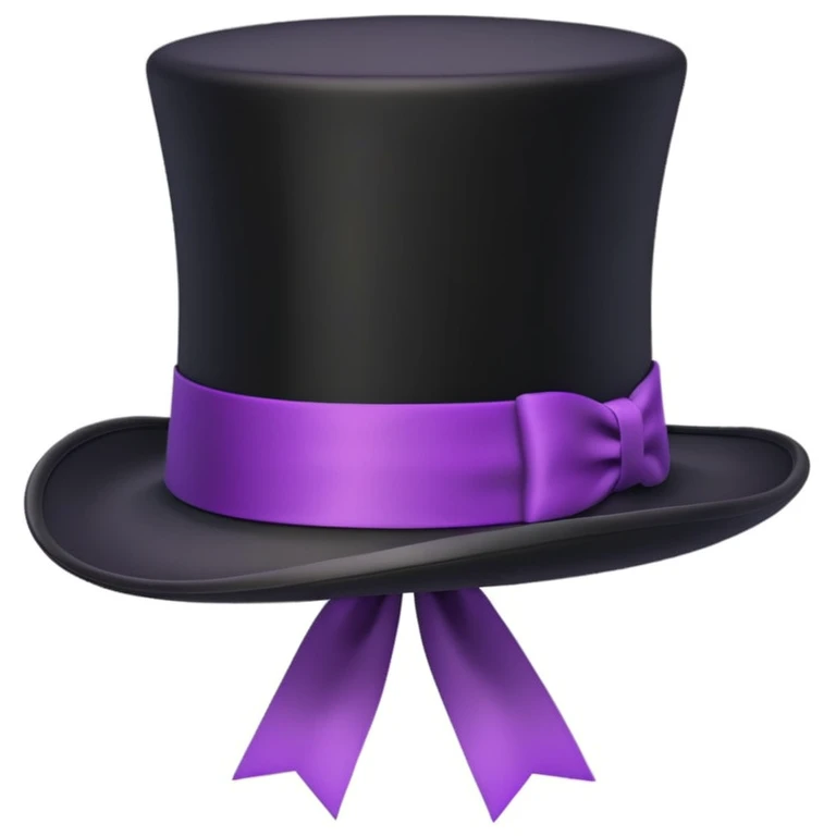 3D emoji of a tall, vintage-style black top hat with a wide brim and a bright purple ribbon, smooth slightly glossy surface, simplified shapes, cartoon-like look, soft shadows, white background emoji