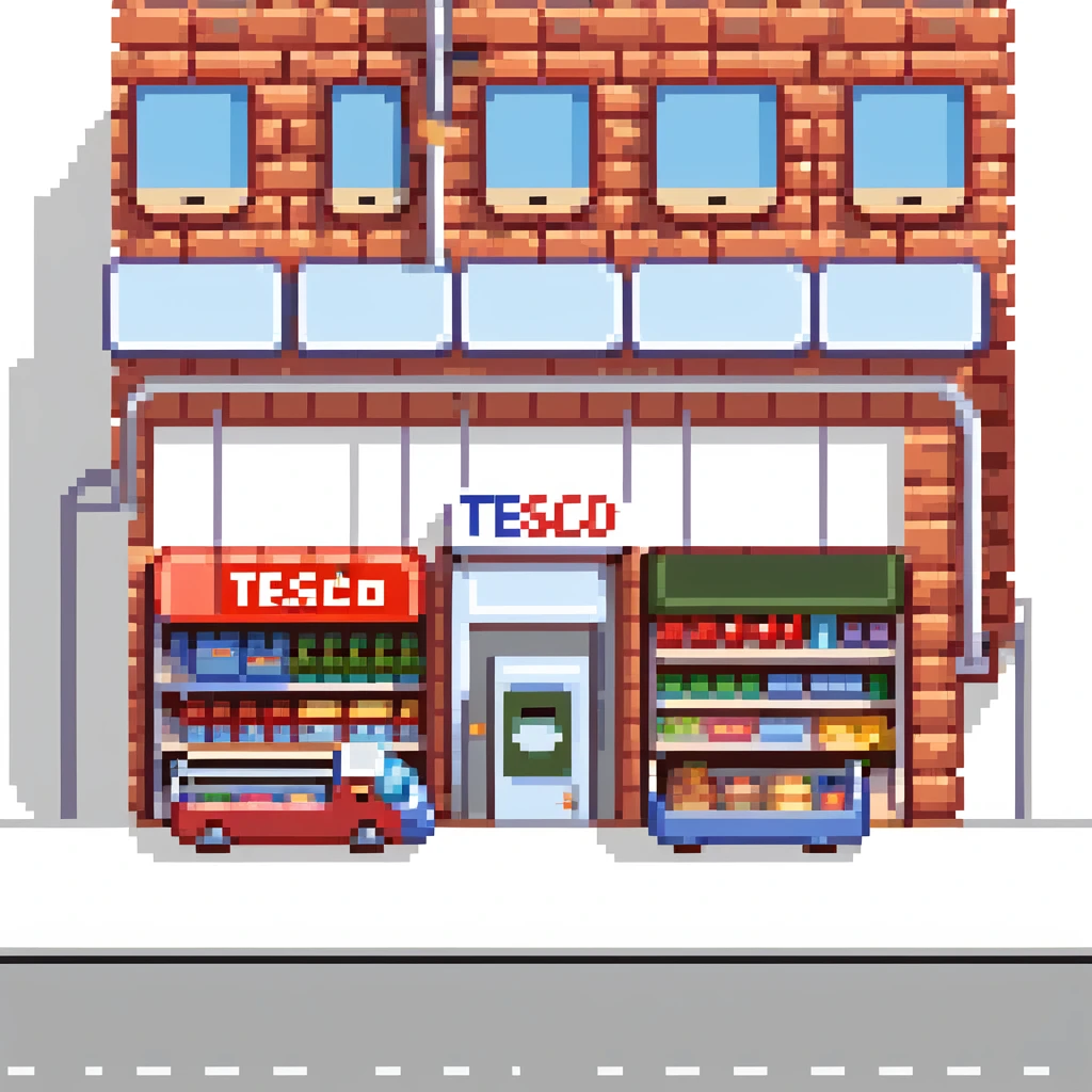 Isometric view of a British supermarket building with red brick facade, Tesco-style signage, shopping trolleys, and small parking area with double-decker bus visible emoji