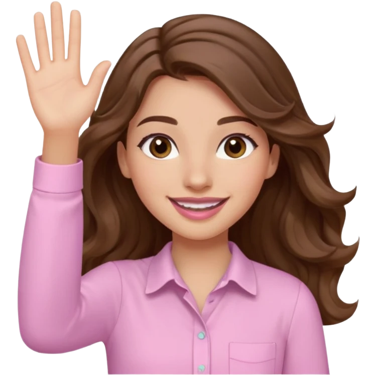 girl with wavy long brown hair, brown eyes, light to medium complexion, long lashes, light pink lipstick, smiling, wearing light pink shirt, waving motion emoji