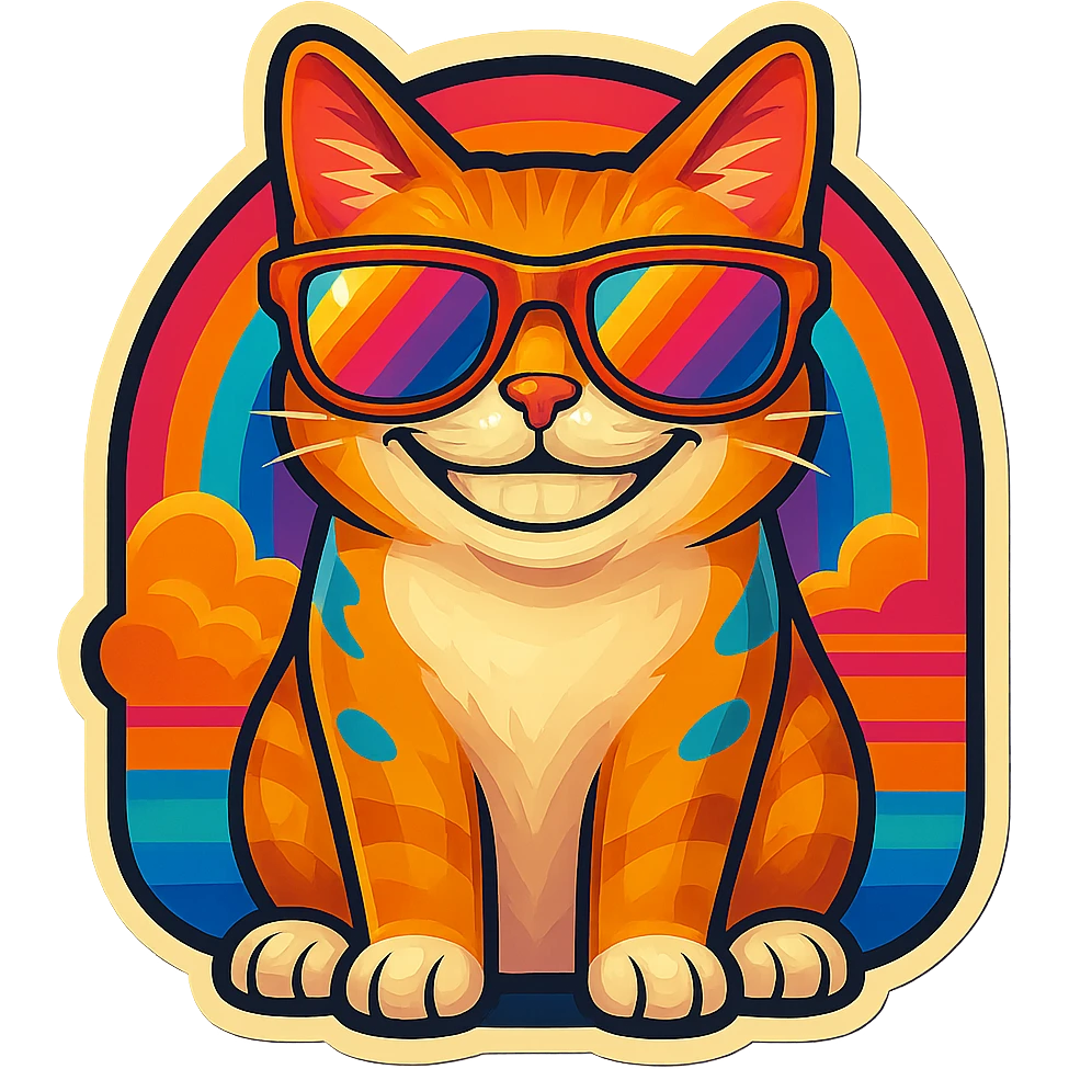 Make the cat smile, keep the same retro stickers aesthetic, rainbow sunglasses, and vibrant colorful background. emoji