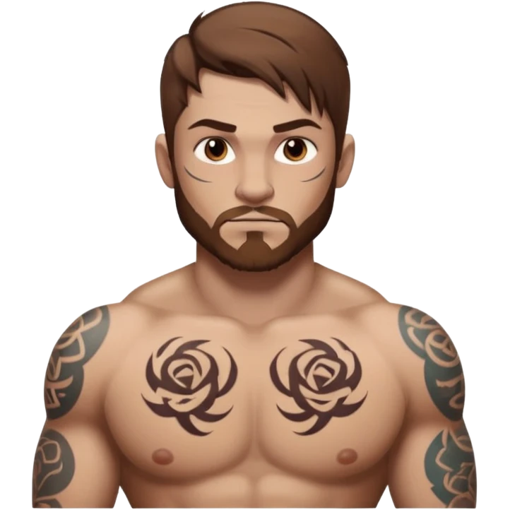 tattoo man, fair white skintone,brown hair, tattoos on face, more visible, bulky man with tattos on his chest, heavy tattooos. emoji
