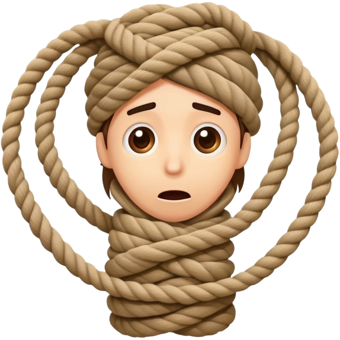A cartoon person comically tangled and wrapped in rope with a silly surprised expression, looking confused emoji