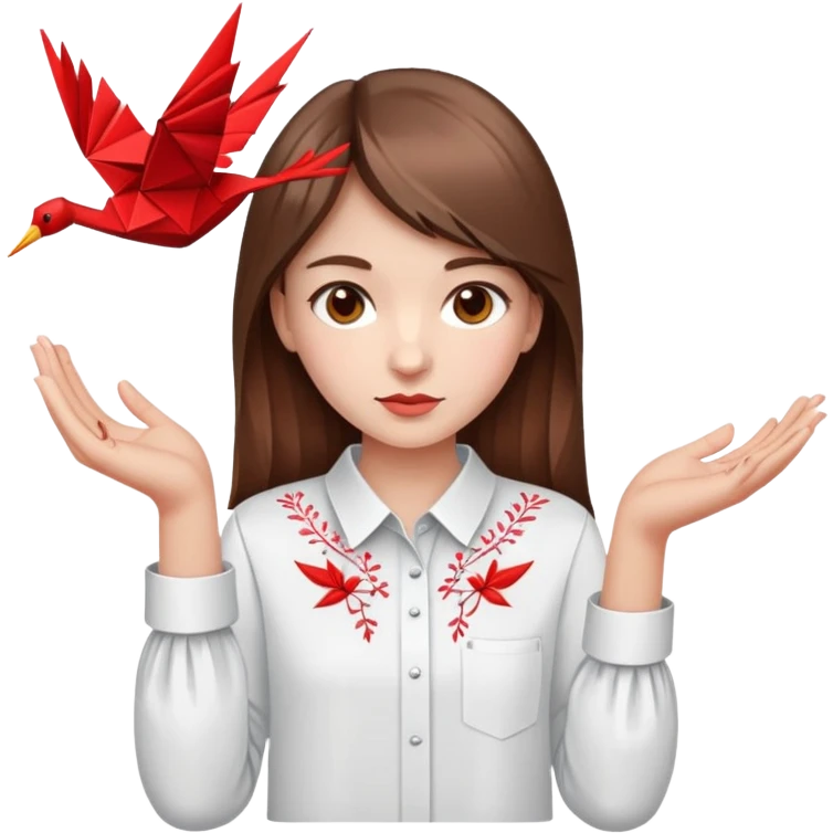 Ukrainian young girl with brown hair wearing an embroidered shirt holds an origami red crane emoji