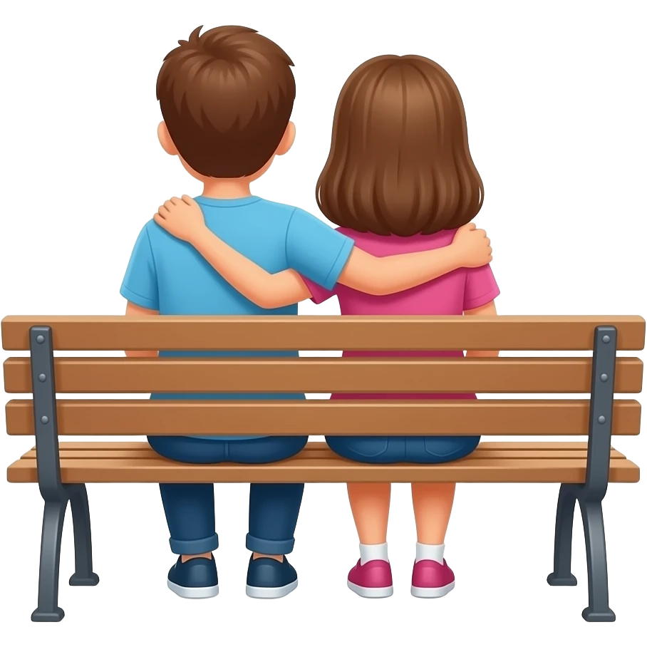 Boy and girl sitting on bench facing the sun boys hands wrap on girls shoulders emoji