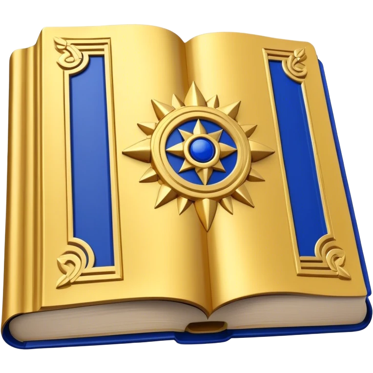 A golden yellow book with royal blue accents, smooth and polished, embossed with a symbol of six pillars, a sun, or a glowing mirror, radiating strength, confidence, and the power of self-worth.  emoji
