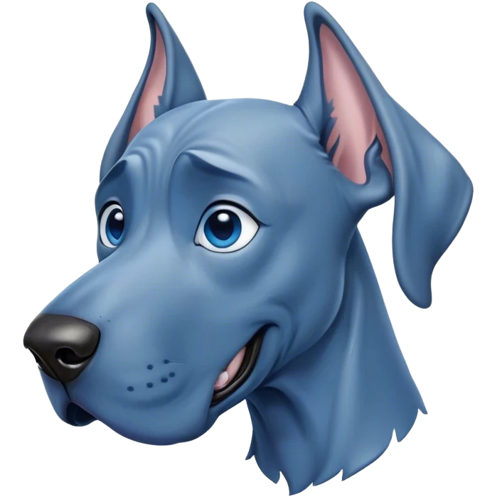 Cinematic Comical Blue Great Dane Portrait Emoji, Head tilted dramatically with an exaggeratedly amused expression, featuring a striking blue Fur with a glossy finish, wide, expressive steel-blue eyes filled with playful disbelief, Simplified yet hilariously expressive features, highly detailed, glowing with a slightly sassy glow, high shine, dramatic yet playful, stylized with an air of cheeky charm, bright and endearing, soft glowing outline, capturing the essence of a spirited and over-the-top guardian, so meme-worthy it feels like it could side-eye its way into internet fame instantly! emoji