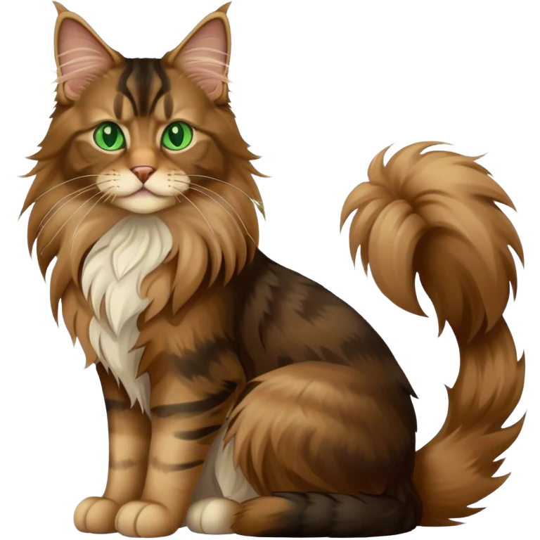 A light brown and black long haired Maine coon cat with green eyes sitting down emoji