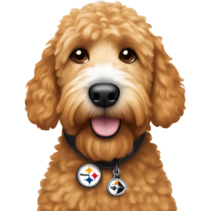 Ginger golden doodle with white tuft on head and white nose wearing Pittsburgh Steelers jersey emoji