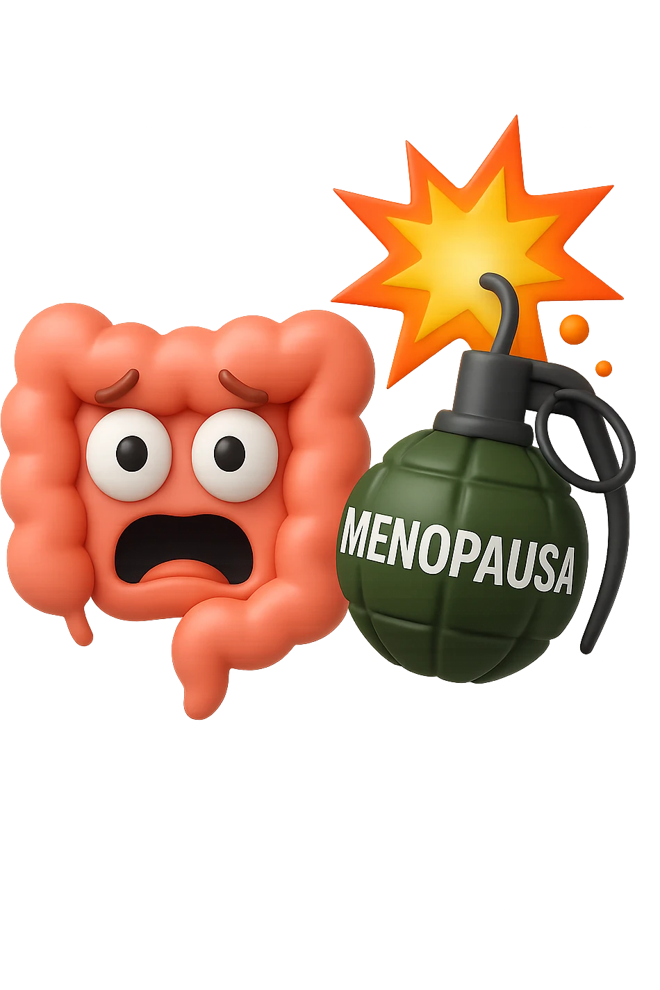 EMOJI STILE IPHONE 3D DI INTESTINO 3D CON ESPRESSIONE SPAVENTATA IN VOLTO MENTRE ACCANTO A LUI SCOPPIA UNA GRANATA 3D CON LA SCRITTA "MENOPAUSA" SOPRA, FAGLI ANCHE LA PARTE BIANCA DEGLI OCCHI, NON SOLO LA PUPILLA emoji