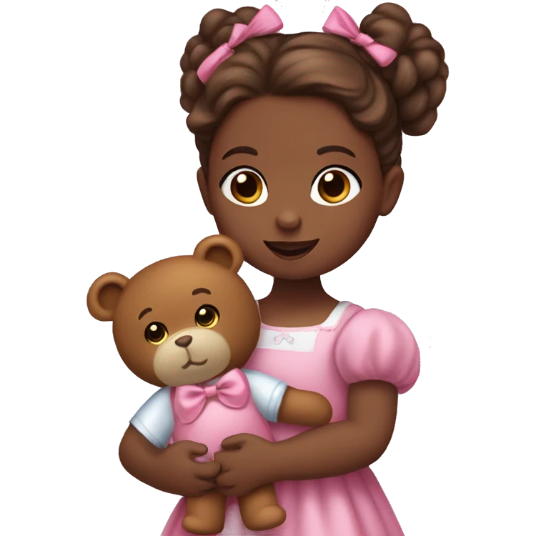 Little girl with blue eyes with Long lashes, and bronze Brown hair in two ponytails with bows. She is wearing a pink dress, and holding a teddybear. She had a pink pacificer in her mouth. emoji