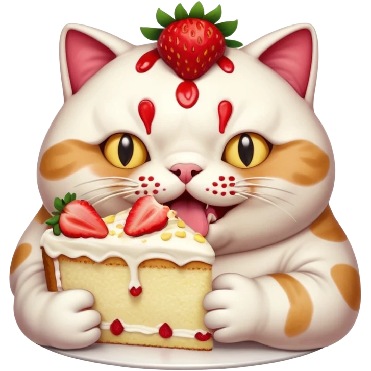 A chubby cat aggressively eating a giant strawberry cake, cream all over its face, exaggerated expression, vibrant colors, cartoon style, playful and humorous mood
, emoji