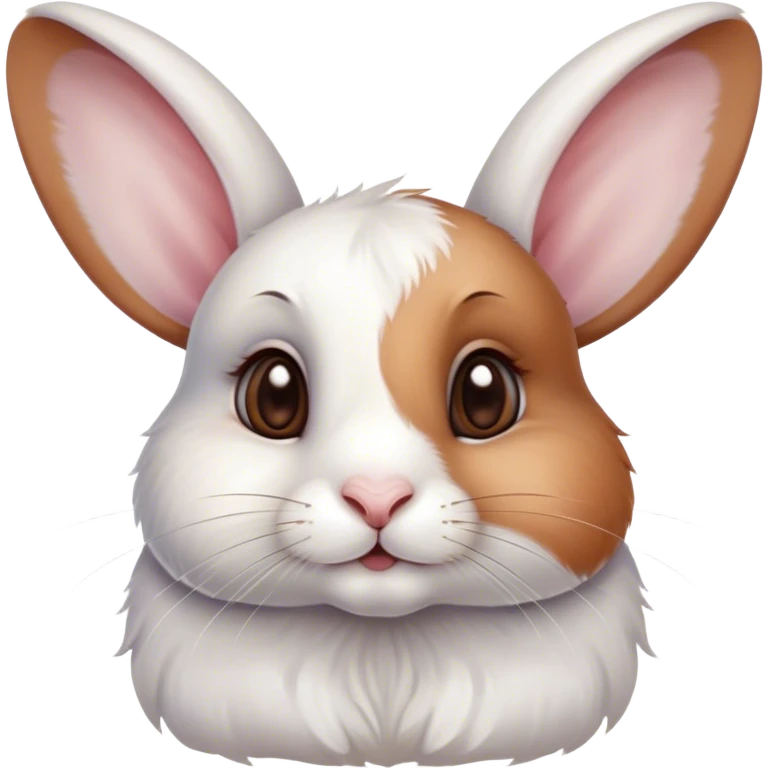 Cinematic Cute White and Brown Rabbit Portrait Emoji, Head tilted playfully and inquisitively, featuring a silky fur with a delicate mix of white and brown patches, round, sparkling eyes filled with curiosity, Simplified yet irresistibly adorable features, highly detailed, glowing with a warm, friendly glow, high shine, affectionate and lively, stylized with a touch of whimsy, bright and endearing, soft glowing outline, capturing the essence of a mischievous yet loving bunny, so playful it feels like it could hop out of the screen and into your arms! emoji