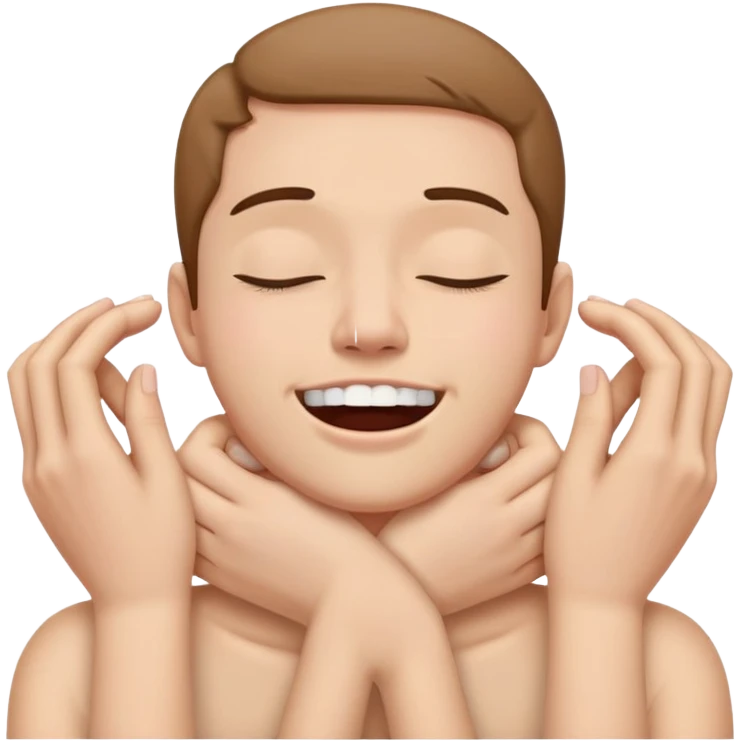 hands holding neck with eyes closed with teeth showing together  emoji