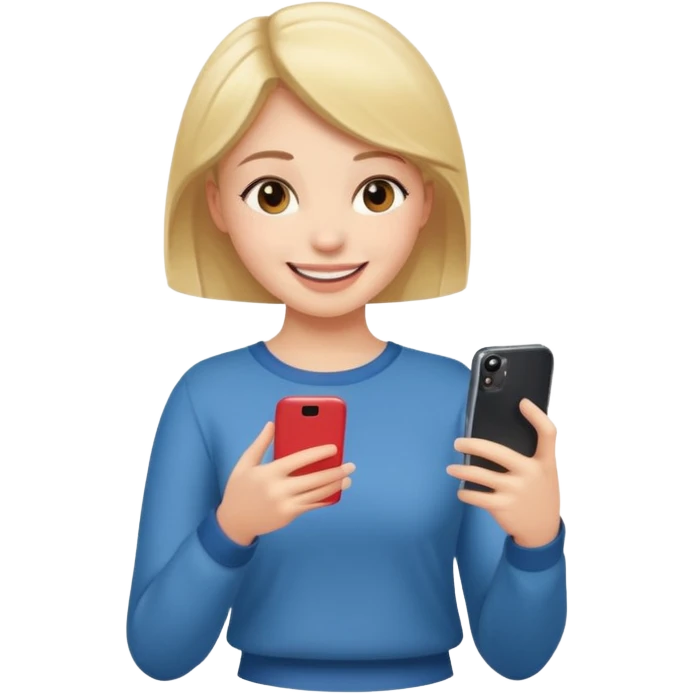 a full body  full girl on his phone with a happy face commenting on a post emoji