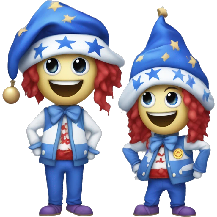 a blue and white moon-themed animatronic with red eyes, a blue sleeping cap with stars on it, jester ruffles, and baggy blue pants with star pattern on it emoji