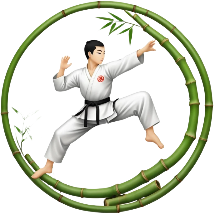 An icon symbolizing Eastern martial arts in the style of an emblem, with a black-and-white Yin-Yang symbol at the center. The design shows a martial artist performing a graceful kick, surrounded by bamboo and traditional elements. Transparent background emphasizes balance and harmony. emoji