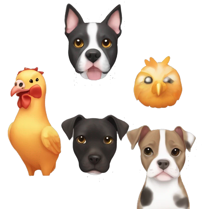 Brown Tabby cat, Grey pitbull with white neck and black spots, black dog with whit neck and 4 orange chickens emoji