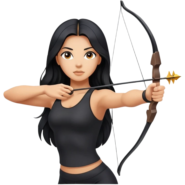 woman tanned long black hair, shooting bow and arrow , black yoga clothes emoji
