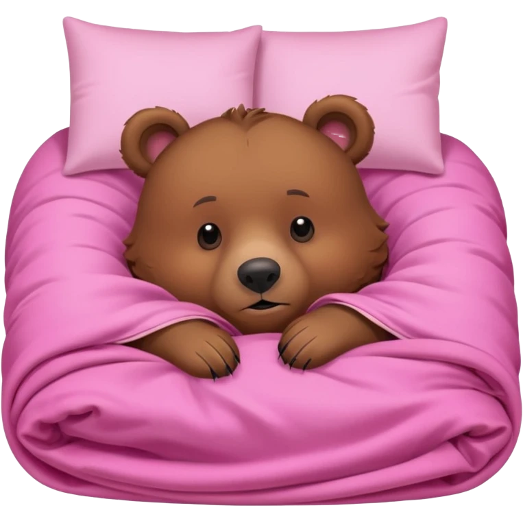 A brown bear lying on its side in a pink bed, curled up under the covers, trying to get comfortable. emoji